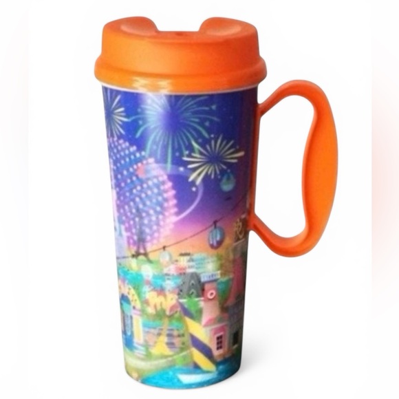 Disney Parks 16 oz Refillable Resort Mug Orange Lid with Full Wrap Characters - Picture 3 of 8